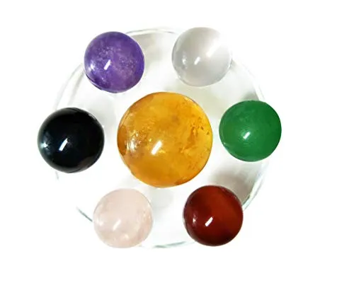 7er Set Kristallkugeln aus gelbem Calcit, schwarzem Obsidian, Rosenquarz, klarer Quarz, grüner Aventurin, Amethyst & roter Achat Kugeln, mit Sieben Stern-Tellerständer, für Chakra-Steine und Fengshui