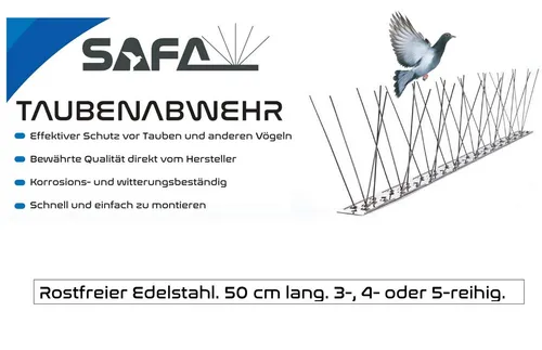 SAFA Taubenspikes Taubenabwehr aus rostfreiem Edelstahl 3/4/5-reihig, Für die Montage auf Stein, Beton, Metall, Holz, Glas, geeignet.