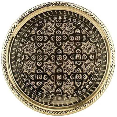 Marokkanisches Teetablett FES Ø 38 cm Gold, Rundes Antik Tablett aus Messing, Orientalisches Teetablett, Serviertabletts Buffet, auch für Schmuck- und Make-up-Organizer-Kerzenteller