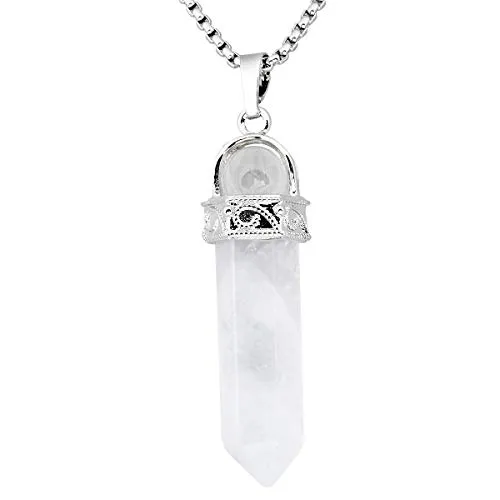 KYEYGWO Heilstein Punkt Anhänger Halskette für Damen und Herren, Hexagon Versilbertes Reiki Chakra Poliertes Steinpendel für Unisex, Bergkristall Perlen mit Hexagon