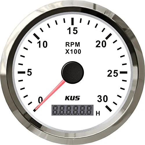 KUS Tachometer, wasserdicht, Tachometer, mit Stundenzähler, 3000 U/min, 85 mm, 12 V/24 V, mit Hintergrundbeleuchtung (weiß)