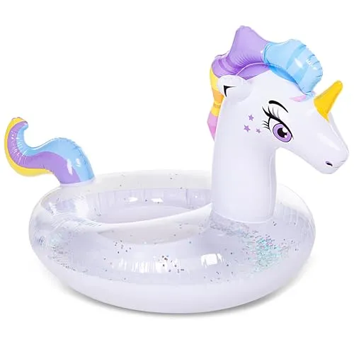 JOYIN Aufblasbare Einhorn Luftmatratze mit Glitzer, Schwimmring Erwachsene, Schwimmreifen, Strand Schwimmbad Spielzeug, Sommer-Party Dekoration für Kinder (130 x 85 x 82.5cm)