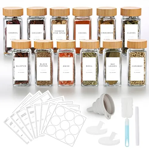 Lannvan Gewürzgläser Eckig Set [12 x 120ml] mit Bambus Deckel, Gewürzdosen mit 246 Etiketten, Gewürzstreuer Spice Jars Gewürzbehälter mit Trichter, Leeren Aufklebern, Reinigungsbürste, Sieben