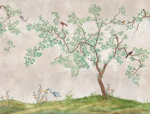 Livingwalls Fototapete Asiatischer Baum mit Vögeln - Hochwertige Vliestapete für stilvolle Wände - Tapeten für Wohnzimmer, Flur oder Esszimmer - 3,71 m x 2,80 m, einfach anzubringen und leicht abziehbar, ideal für kreative Raumgestaltungen.
