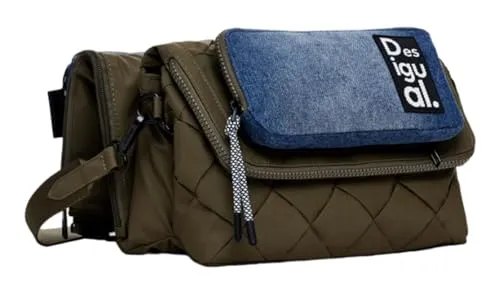 Desigual BAG_MODULARIS BRAIDED VENE, 4092 KAKI, U - Umhängetasche mit Blumen-Patch und Reißverschluss, aus recyceltem PU für umweltbewusste Modebewusste.