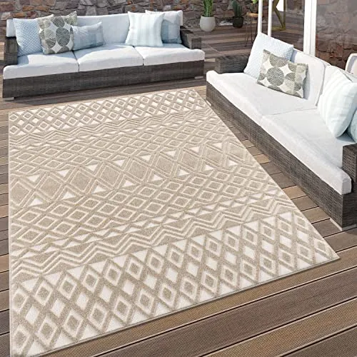 Paco Home Wetterfester Outdoor Teppich - Boho Style Teppich mit geometrischem Design in Beige Creme, ideal für Wohnzimmer oder Küche, maschinell gewebt und geeignet für Fußbodenheizung bis 24 Grad.
