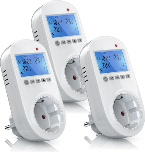 BEARWARE 3x Steckdosen Thermostat für Heiz & Klimageräte - Steckdosenleisten mit individueller Programmierung und LCD-Display, ideal für effiziente Heizungssteuerung und optimales Raumklima.