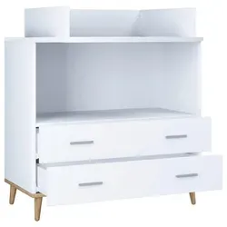 VCM Wickeltisch Set - Wickelregal mit Aufsatz und Stauraum - Wickeltisch in Lindas Weiß/Honig-Eiche mit klappbarem Aufsatz, zwei Schubladen und großem Fach. Perfekt für organisierten Stauraum im Babyzimmer.