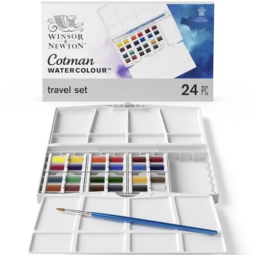 Winsor & Newton 0390376 Cotman Aquarellfarben Painting Plus Set, 24 lebendige Wasserfarben aus hochwertigen Pigmenten in 1/2 Näpfen mit Pinsel und Mischpalette