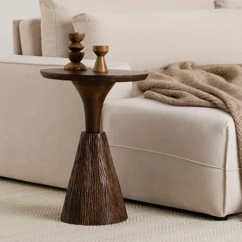 IDIMEX BHIMA Beistelltisch aus massivem Mangoholz, 40 cm, Braun - Design Beistelltisch, runder Couchtisch, Wohnzimmertisch klein, Ablagetisch modern, skulpturaler Beistelltisch.
