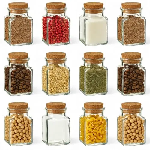 gouveo 12er Set Gewürzgläser 150 ml eckig mit Korken - Kleine Korkengläser mit Korkverschluss - Leere Vorratsgläser für Kräuter, Gewürze - Kleine Glasdose