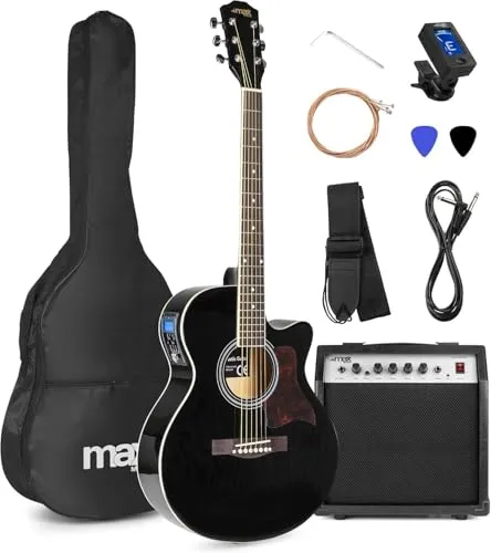 MAX ShowKit Elektro Akustik Gitarre Set 40 Watt mit Zubehör - Akustikgitarrenset: Komplettset mit 40 Watt Verstärker, ideal für Anfänger und Profis. Inklusive Gitarrentasche und Clip-On-Stimmgerät für einfaches Transportieren und präzises Stimmen.