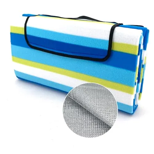 heimtexland Picknickdecke wasserdicht Outdoor Strandmatte Isomatte waschbar Campingdecke faltbar mit Tragegriff Festival Zelten Picknick Strand Decke Typ549 Streifen Blau 135x170 cm