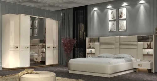 Modernes cremefarbenes Schlafzimmer-Set mit stilvollem Stoffdesign - Kategorie: Heim & Garten, 4-teiliges Set mit Bett, Nachttischen und Schrank, elegantes Gold-Finish und praktische Beleuchtung, ideal für ein modernes Schlafzimmer.