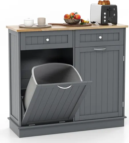 GOPLUS Küchenschrank aus Holz - Vielseitiges Sideboard mit großer Arbeitsplatte - Küchenunterschrank mit reichlich Stauraum, 2 Schubladen und einem praktischen versteckten Fach für Müll oder Wäsche, ideal für eine ordentliche und saubere Küche.