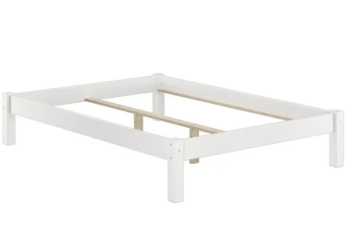 ERST-HOLZ Bett Weißer Bettrahmen 140 x 200 - Stabiles Futonbett aus massiver Kiefer, ideal für Dachschrägen. Zeitloses Design, auch als Tagessofa nutzbar. Naturprodukt mit solider Verarbeitung und einfacher Montage.