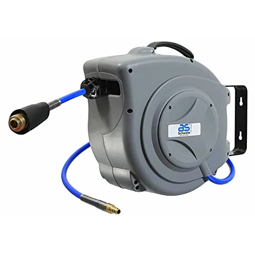 as-Schwabe Druckluftschlauchtrommel Automatik 15m - Zubehör mit 15 m hochflexiblem PU-Schlauch, Federzug-Automatik und schwenkbarem Bügel für einfache Wandmontage.