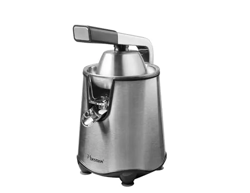 Bestron elektrische Saftpresse, Orangenpresse mit Auslauf-Stopp Funktion & edelstahl Fruchtfleischsieb, inkl. 2 Presskegel, 450ml Kapazität, Soft-Press Hebel für einfache Bedienung, Farbe: Silber