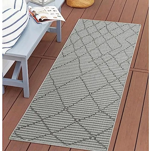 carpet city Outdoor Teppich Terrasse Wetterfest - 80x150 cm - Balkonteppich Anthrazit - Raute-Optik - In-& Outdoor Teppiche für Veranda, Garten, Küche, Bad oder Wohnzimmer