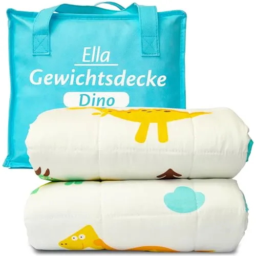 Ella Gewichtsdecke Kinder 2,4 kg 90x120 cm – Therapiedecke, für Stressabbau & Angstzustände, Hypoallergene Glasperlen, weiche & kühlende Baumwoll- Außenschicht, für Kinder von 15-25 kg – Dino