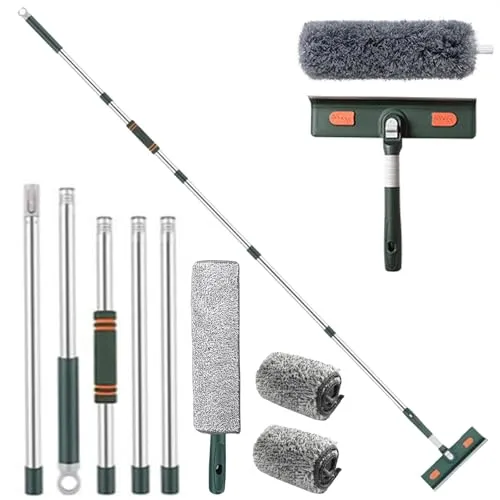 Fensterreiniger mit Teleskopstiel: Fensterabzieher Professioneller Fensterwischer mit Silikonschaber und Mikrofaserschrubber, Langem Stiel Fensterputzer Set, für Innen und Außenfenster (206cm)