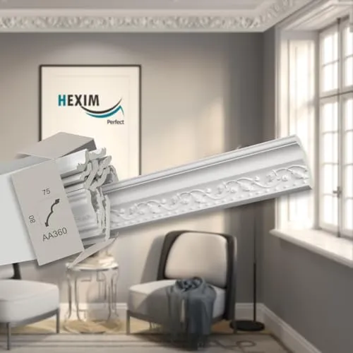 HEXIM Perfect 2 Meter Zierprofile - große Auswahl, (AA360-80x75mm) - Stuckleiste aus PU gemustert, weiß, stoßfest - Eckleiste Dekorleiste Stuckprofil Zierleiste