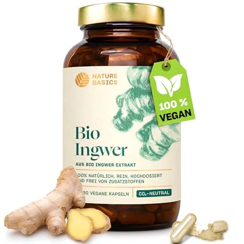 Nature Basics Bio Ingwer Extrakt Kapseln - Vegan & Nachhaltig - Pflanzenextrakte: 180 Kapseln mit hochdosiertem Bio Ingwer Extrakt für optimale Bioverfügbarkeit und Nachhaltigkeit, ideal für die tägliche Anwendung.