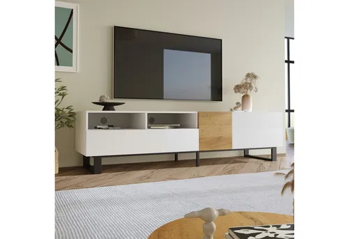 STILVORA Lowboard mit 2 Schubladen – Moderner TV-Schrank mit Klapptür - Praktisches Lowboard (180×50×38cm) für Ihr Wohnzimmer. Mit zwei offenen Fächern und zwei Schubladen bietet es optimalen Stauraum für Elektronik und mehr. Stilvolles Design in Weiß-Holz-Optik – ideal für jedes Wohnkonzept.