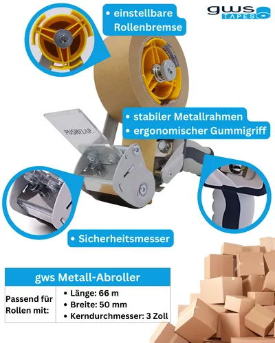 gws 1  Handabroller, Klebebandabroller mit Sicherheitsmesser für 50 mm Rollen