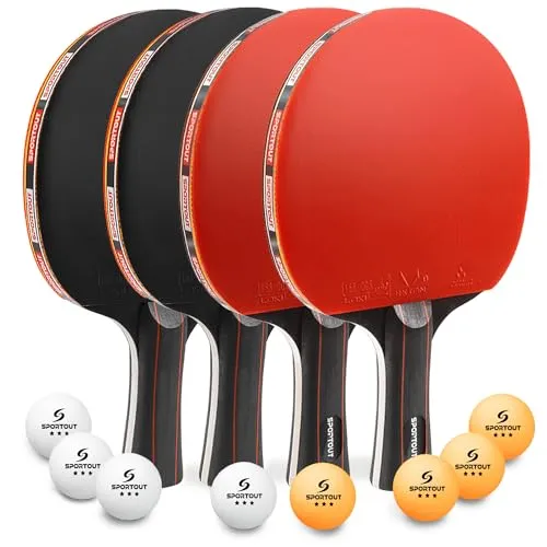 Tischtennisschläger Set, 4 Tischtennis-Schläger mit 8 Tischtennisbälle Tischtennis Schläger Set mit Tasche Profi Sport Set für Indoor Outdoor Spiele