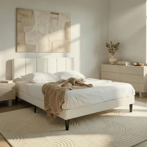 Polsterbett OLBIA 140 x 200 cm in Cremeweiß - Modernes Doppelbett mit gepolstertem Kopfteil - Das Polsterbett OLBIA vereint modernes Design und Komfort. Mit einer Liegefläche von 140 × 200 cm und einem eleganten Stoffbezug in Leinenoptik bietet es einen stilvollen Schlafplatz. Inklusive Lattenrost und stabiler Konstruktion.