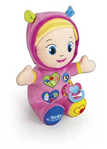 Baby Clementoni Alice, Meine erste Puppe, Plüschtier für Kinder ab 10 Monaten, Aktivitätszentrum mit Schnuller und 3 Tasten zum Lernen von Formen, Zahlen, Farben, Wörtern und Tierversen, italienische