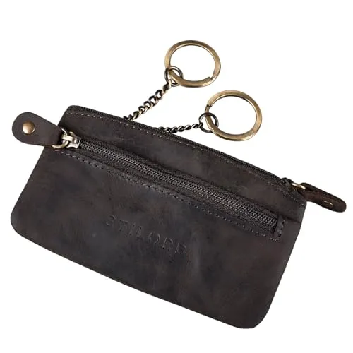 STILORD 'Theo' Schlüsseletui Leder Vintage Münzbörse Herren 2 Reißverschluss Fächer Schlüsseltasche Slim Minibörse mit Schlüssel-Ring RFID Blocker, Farbe:dunkel - braun