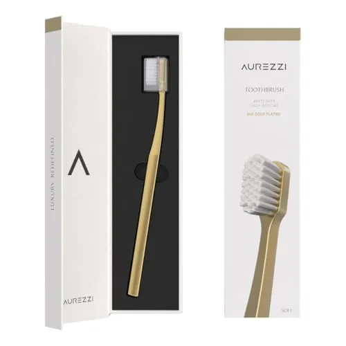 Aurezzi Gold Zahnbürste White medium - Elegante Aurezzi Zahnbürste mit 24 Karat Goldüberzug, mittlere Borstenstärke für eine gründliche Reinigung. Der ergonomische Griff ermöglicht den optimalen Putzwinkel. Hinweis: Halter separat erhältlich.