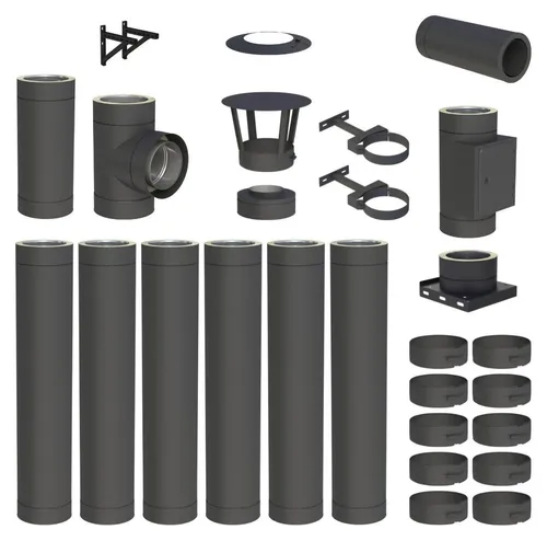 7,1 m Edelstahlschornstein Ø 130 mm Komplettset doppelwandig DW-Black - Praktisches Komplettset für Wandmontage, bestehend aus hochwertigen doppelwandigen Edelstahlelementen für eine einfache und sichere Installation. Ideal für den professionellen Einsatz in Ihrem Kamin.