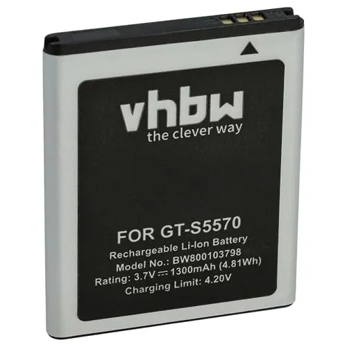vhbw Akku kompatibel mit Samsung Galaxy Mini GT-S5570 Handy Smartphone Telefon (1300 mAh, 3,7 V, Li-Ion)