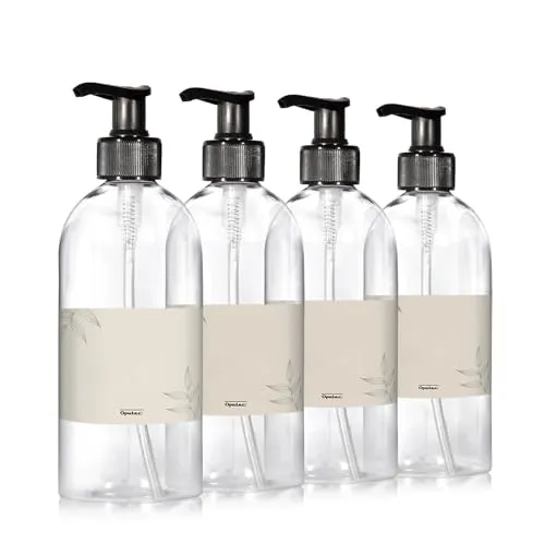 Oputec 4 x 500ml Seifenspender aus Kunststoff + Etiketten: Shampoo Flaschen zum Befüllen als Duschgel Spender, Pumpspender, Pumpflasche - Behälter zum Befüllen für Küche Badezimmer