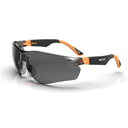 DEX FIT Sonnen Schutzbrille SG210, Z87 Augen Schutzbrille Getönt, Beschlag- und Kratzfest, Verstellbar für Damen und Herren, UV Brille (Schwarzer und Oranger Rahmen, Getönte Gläser)