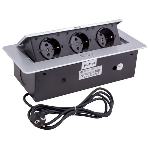 KombiBox 3x Schuko Steckdose Tischsteckdose mit Klappdeckel Aluminium