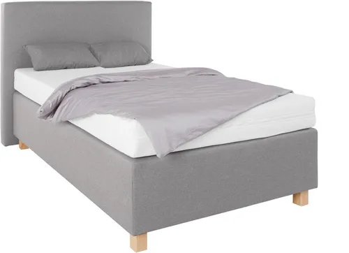 Boxspringbett grau 120x200 cm mit Bonnell-Federkernmatratze - Komplettbett in grau aus Strukturstoff, inklusive 2 Zierkissen. Bietet optimalen Schlafkomfort mit Härtegrad H2 und massiven Buchefüßen für Stabilität.