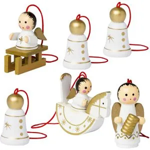 BRUBAKER Weihnachtsbaumschmuck 8006, weiß/gold, 4,5 cm, Engel- und Glocken-Anhänger aus Holz, 6 Stück