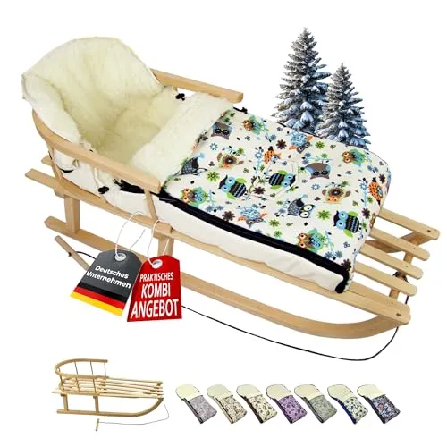 BAMBINIWELT KOMBI-ANGEBOT Holz-Schlitten mit Rückenlehne & Zugseil + universaler Winterfußsack (108cm), auch geeignet für Babyschale, Kinderwagen, Buggy, aus Wolle im Eulendesign (Eule $4)