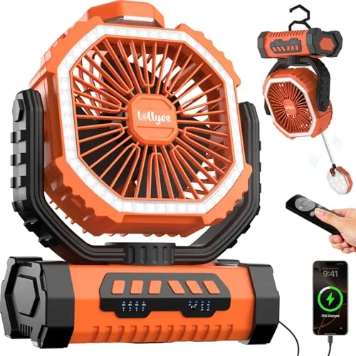 Outdoor Camping Ventilator mit Licht, 20000mAh Akku, wiederaufladbarer tragbarer Ventilator mit Fernbedienung und 360° drehbarer Aufhängung, ideal für Innenräume, Reisen, Zelte und Angeln (Orange)