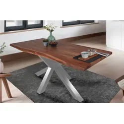 Esstisch 120 x 80 cm Tim, Baumkantentisch nussbaumfarben, Akazienholz massiv, Spider-Gestell aus Metall Silber - Braun
