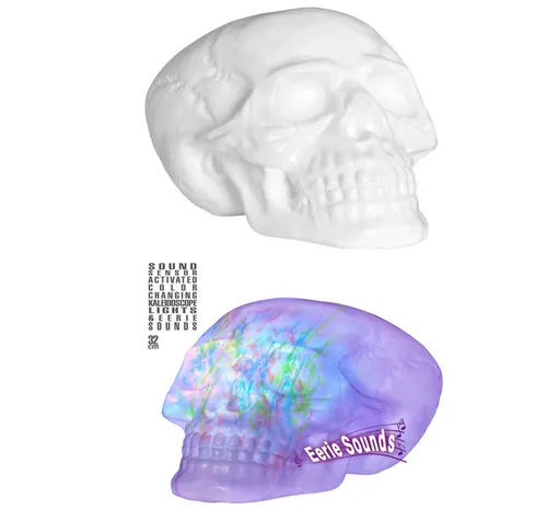 Totenkopf Deko mit Soundaktivierung und wechselndem Licht - Partydekoration mit TRY ME Funktion, ideal für gruselige Partys und Halloween-Events.