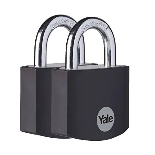 Yale YE3B/38/119/2/BK, Standardsicherheit, 38 mm, Aluminium, Vorhängeschloss, Schwarz, offener Bügel aus gehärtetem Stahl, Ø 6 mm, inkl. 3 Schlüssel, 2er Set, für Spind, Werkzeugkiste, Schrank