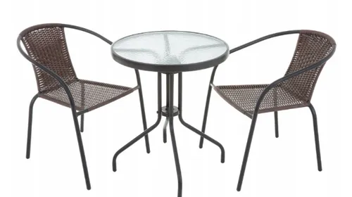 2+1, Stühle, Glastisch, Bistro, Gartenset, Rattan Gartenmöbel, Gartenmöbel BRAUN