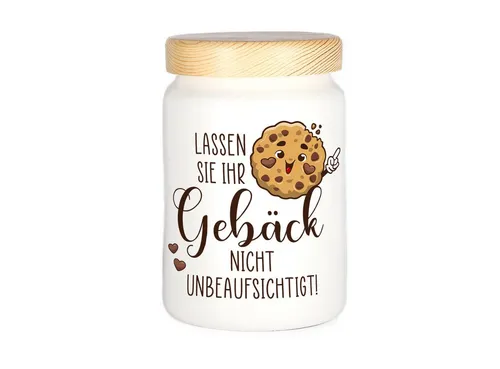 Herz & Heim Keksdose mit lustigem Aufdruck - Vorratsdose für Kekse & Gebäck, Keramik, mit Holzdeckel