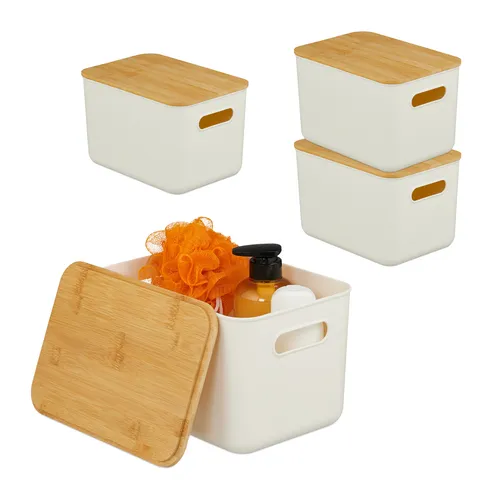 Relaxdays Aufbewahrungsbox 4er Set mit Deckel aus Kunststoff & Bambus - Praktisches 4er Set Aufbewahrungsboxen für Ordnung in jedem Raum. Die weißen Boxen mit Deckel und Griffen sind ideal zur Aufbewahrung von Kosmetik, Spielzeug und mehr. Maße HBT: 16x26x17,5 cm.
