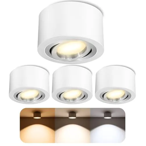 SSC-LUXon 4 Stück flache LED Aufbauspots - schwenkbar & energieeffizient - 4er Set flache LED Deckenspots in Weiß, mit schwenkbarem Innenring und wechselbarem 4W LED Modul für warmweißes Licht. Ideal für Flur, Wohnzimmer oder Schlafzimmer.